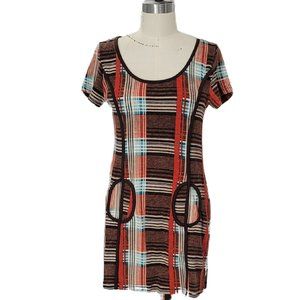 ADORABLE PLAID KNIT SHORT SLEEVE MINI DRESS WITH BLACK PIPING SIZE L